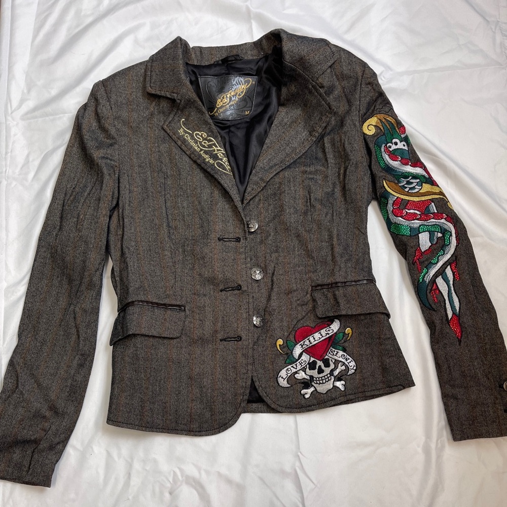 Vintage Ed Hardy Blazer/Jacket  Lapels Skull Medium NY City Eagle Skull Bling